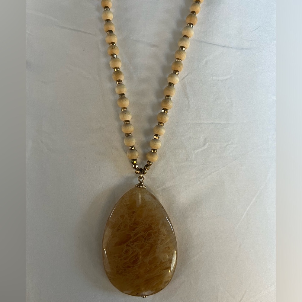 Boho long stone glass pendant necklace gold and natural wood beads